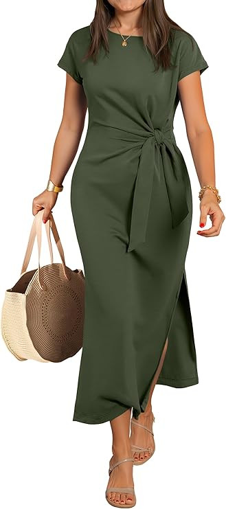 ANRABESS Womens Summer Maxi Dress Casual Crew Neck Tie Waist Split Wrinkle-Free Fit Long Fashion ... | Amazon (US)