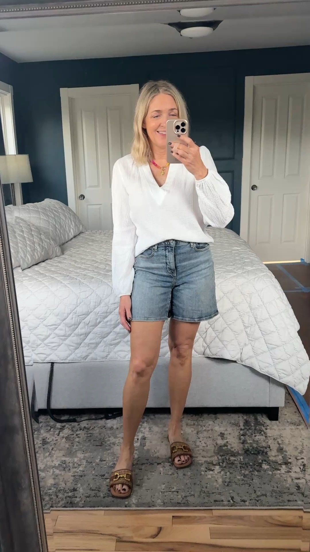 Fall transition outfit. @NYDJ denim shorts size 00. @Gibsonlook gauzy top - great fall transition staple size S (size up).

#LTKootd #LTKSeasonal #LTKOver40