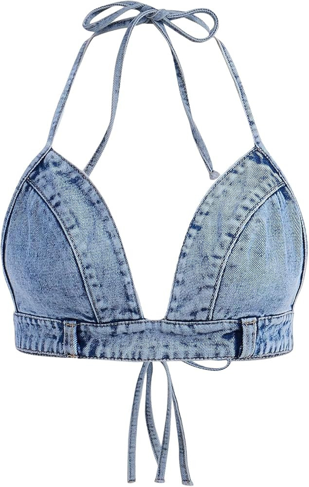 Verdusa Women's Crop Denim Top Tie Backless Halter Tops Deep V Neck Denim Cami Tops | Amazon (US)