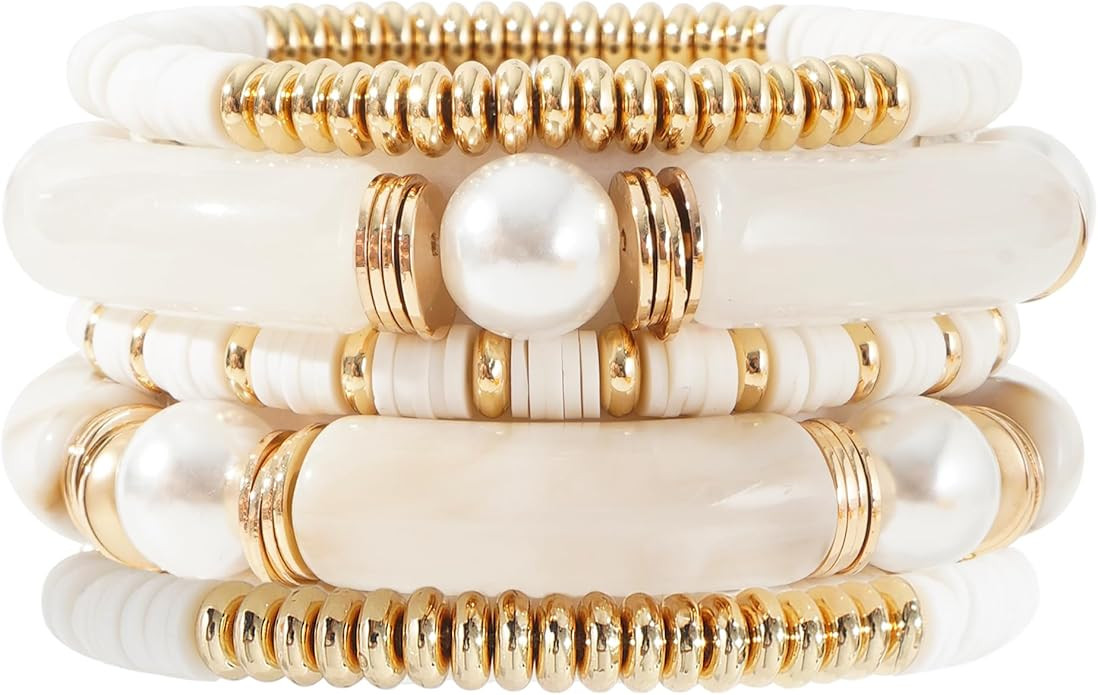 GOOJIDS Simple Beaded Gold Plated Bangles Bracelet Chunky Bamboo Tube Curved Stacking Clear Acryl... | Amazon (US)