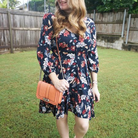 I love this navy autumn leaves print Jaase dress! Added some extra autumn colour to it with the little orange Rebecca Minkoff small love bag 🧡 

#LTKitbag #LTKaustralia