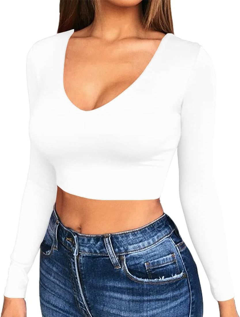 Artfish Women Long Sleeve Stretchy Crop Top Sexy Slim Fitted Fleece Lined Cropped Shirts | Amazon (US)