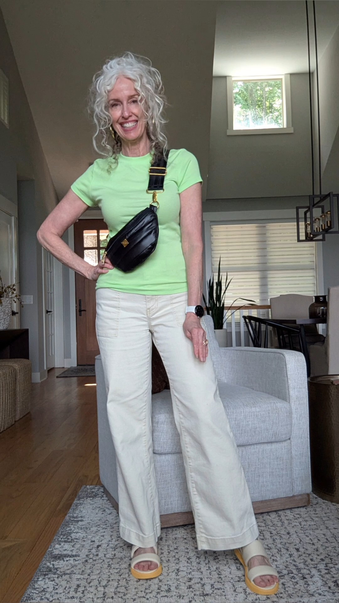 Wearing my favorite Target tee (again!)—I have it in so many colors and sleeve lengths because it’s that perfect stretchy cotton that just fits right. Found this brighter green version (hello lime!) new on eBay and I’m obsessed. I wear a small in this tee for reference—fitted but not tight, and super comfy. Comfortable flat Sorel sandals that work for my feet. Gold hoops to match my Think Royln crossbody—small but mighty and hands-free for the win. Casual, fresh, and easy#Over60Style  #SorelShoes #ThinkRoyln  #EverydayStyle60 #LTKover50

#LTKSummerEdit #LTKFindsUnder50 #LTKOver40