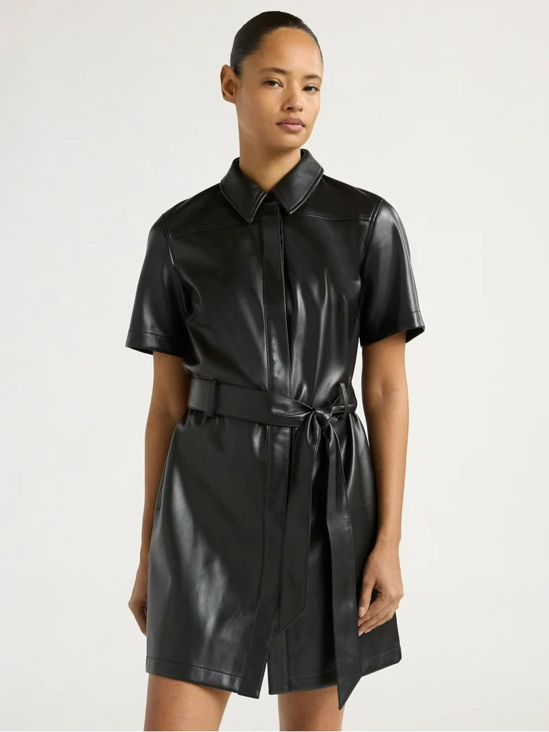 Scoop Women's and Women's Plus Faux Leather Collared Mini Shirt Dress with Short Sleeves, Sizes X... | Walmart (US)