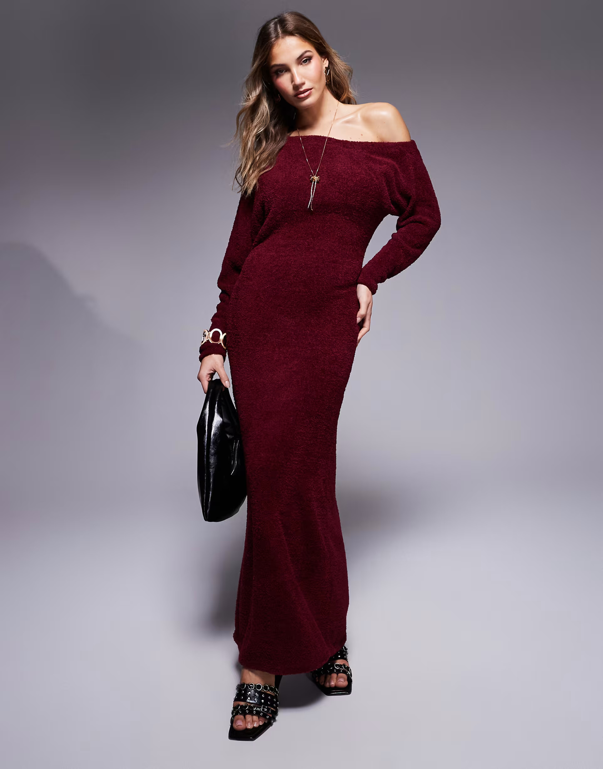 ASOS DESIGN supersoft fluffy fallen shoulder midaxi dress in burgundy | ASOS (Global)