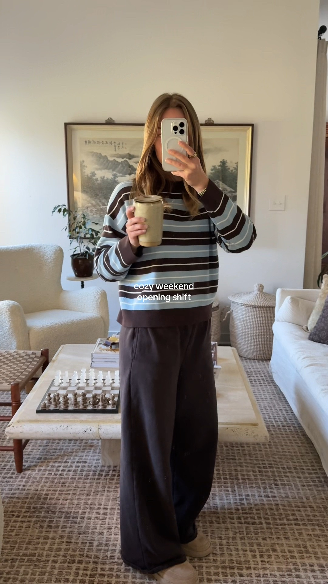 10/10/25 Weekend opening shift vibes ☁️ Cozy morning at home before diving into the day — wearing my favorite lounge pants from Gap (so comfy!) and a striped sweater from Mango, but linking a nearly identical option from Reformation since mine’s unavailable. Also linking a few of our home details that make mornings feel extra cozy: our Rugs USA checkered rug, Amazon Roman shades + linen curtains, and my ceramic travel mug from Etsy 🤎

#LTKSeasonal #LTKHome #LTKStyleTip