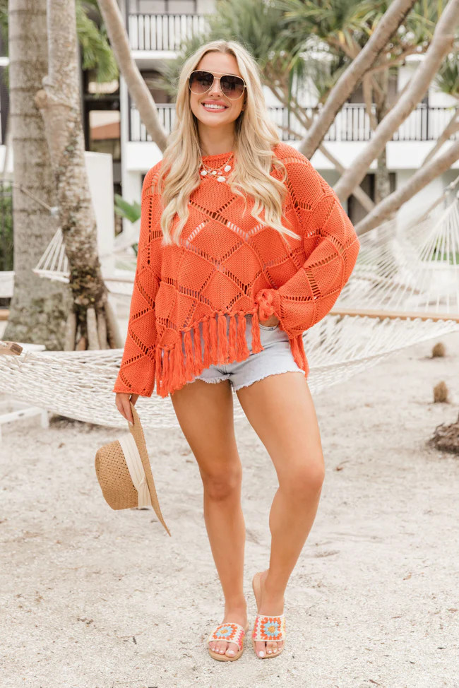 Better Days Ahead Coral Ladder Detail Fringe Hem Sweater | Pink Lily