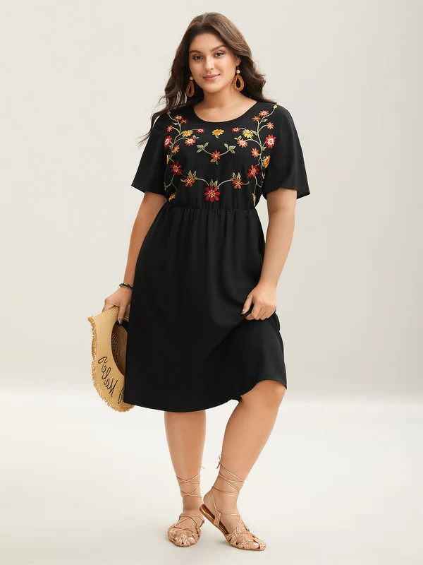 Floral Embroidered Waist-Cinched Midi Dress | Bloomchic