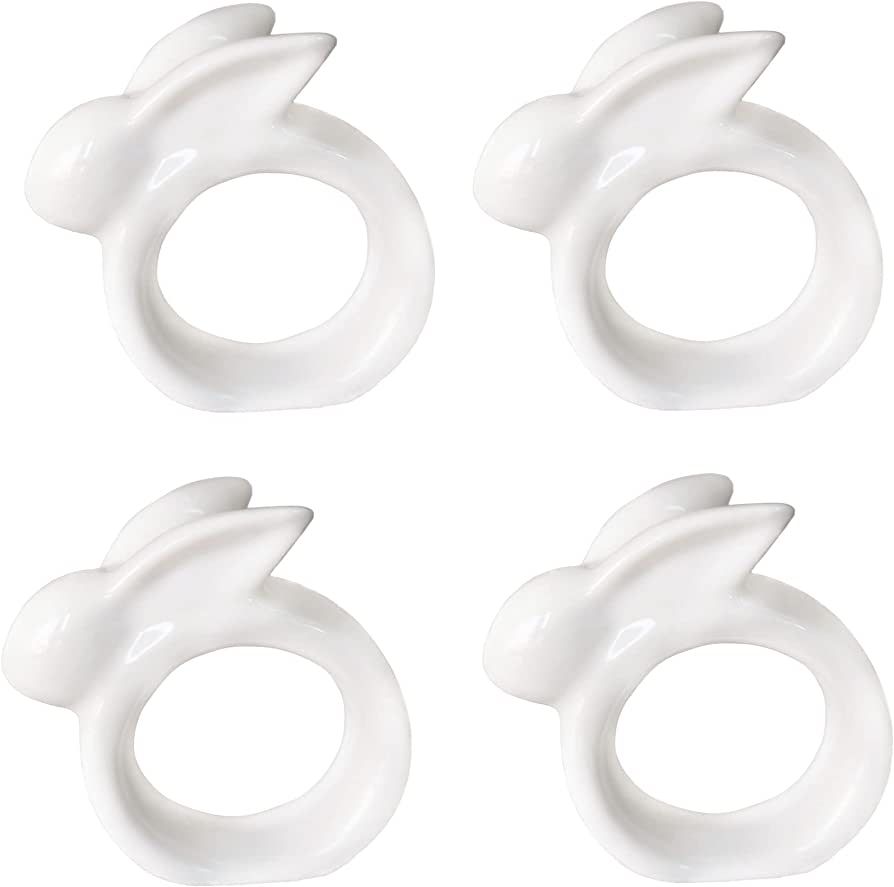 KiaoTime Porcelain Rabbit Napkin Rings - Easter Bunny Napkin Ring Holder for Dinning Room Table Decor, Set of 4 Vintage White Bunny Napkin Holder for Dinner Baby Shower Birthday Party | Amazon (US)