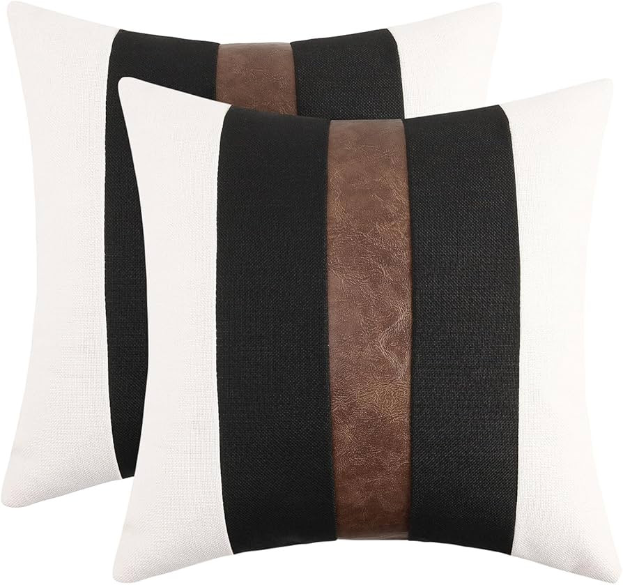 JASEN Set of 2 Faux Leather and Linen Throw Pillow Covers for Home, 18x18 Inch Black and White St... | Amazon (US)