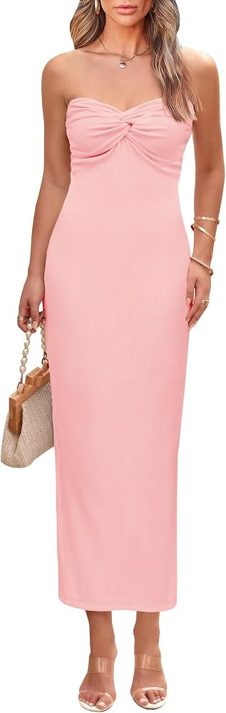 PRETTYGARDEN Women's Bodycon Long Dresses Summer Strapless Tube Twist Knot Front Ribbed Knit Maxi... | Amazon (US)