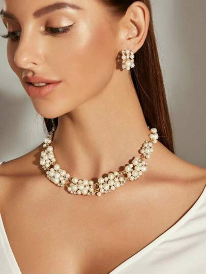 3pcs Faux Pearl & Rhinestone Decor Necklace & Earrings | SHEIN