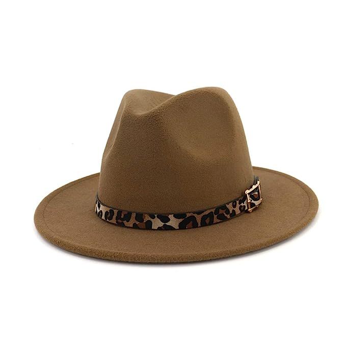 Vim Tree Women's Wide Brim Felt Fedora Panama Hat with Leopard Belt Buckle | Amazon (US)