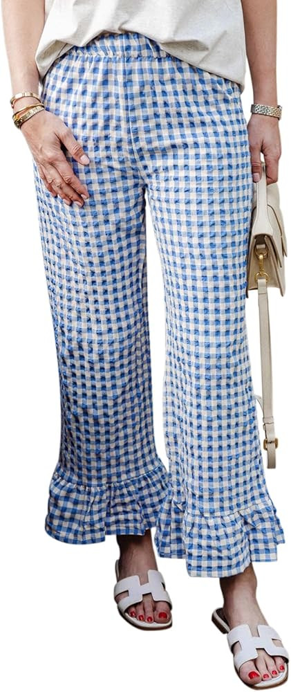 FeMereina Womens Plaid Print Pants Elastic Waist Wide Leg Lounge Pants Y2k Gingham Print Ruffle H... | Amazon (UK)