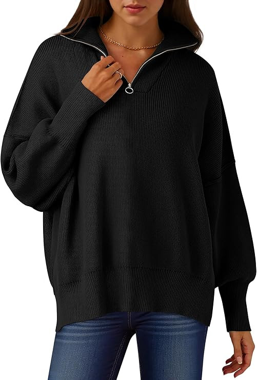 ANRABESS Womens Oversized Quarter Zip Pullover Sweaters | Fall Fashion Outfits, Long Sleeve Slit ... | Amazon (US)