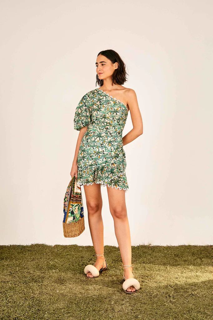 mini toucans one shoulder mini dress | FarmRio