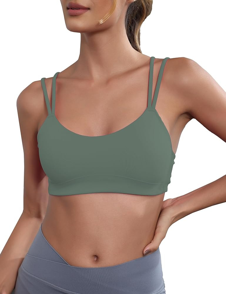 Yoga Sports Workout Bras for Women Seamless Molded Cup Spaghetti Double Strap Bra Wirefree Scoop ... | Amazon (US)