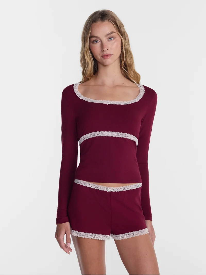 No Boundaries Sleep Lace Top with Long Sleeves, Women\u2019s XXS-3X | Walmart (US)
