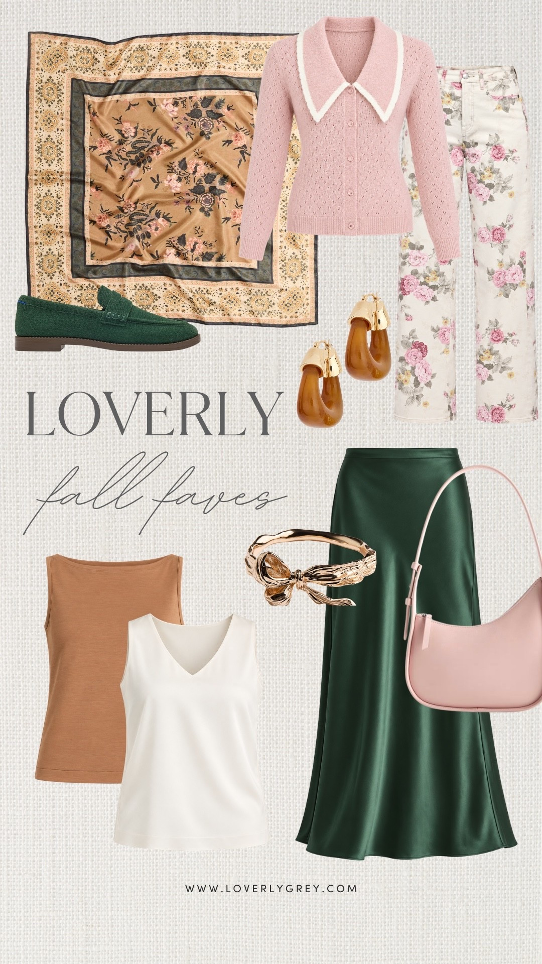 I’m loving this mix of soft pink, rich green and warm neutrals for fall. The floral jeans, satin skirt and loafers are such pretty pieces to mix into everyday fall outfits.