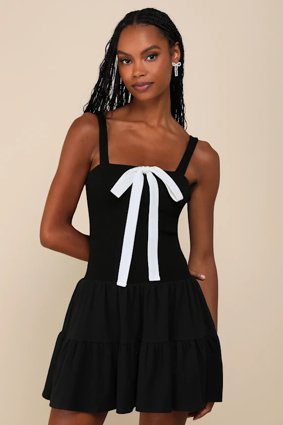 Flirty Edge Black Ribbed Bow Tiered Mini Dress | Lulus
