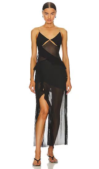 Aurelie Strap Frill Maxi Dress in Black Sheer Dress Black Cut Out Dress Black Mesh Dress | Revolve Clothing (Global)