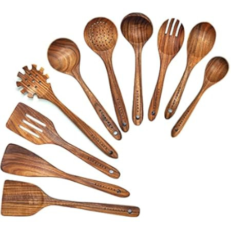 Wooden Spoons for Cooking,7Pcs Wooden Utensils for Cooking Teak Wooden Kitchen Utensil Set Wooden Co | Amazon (US)