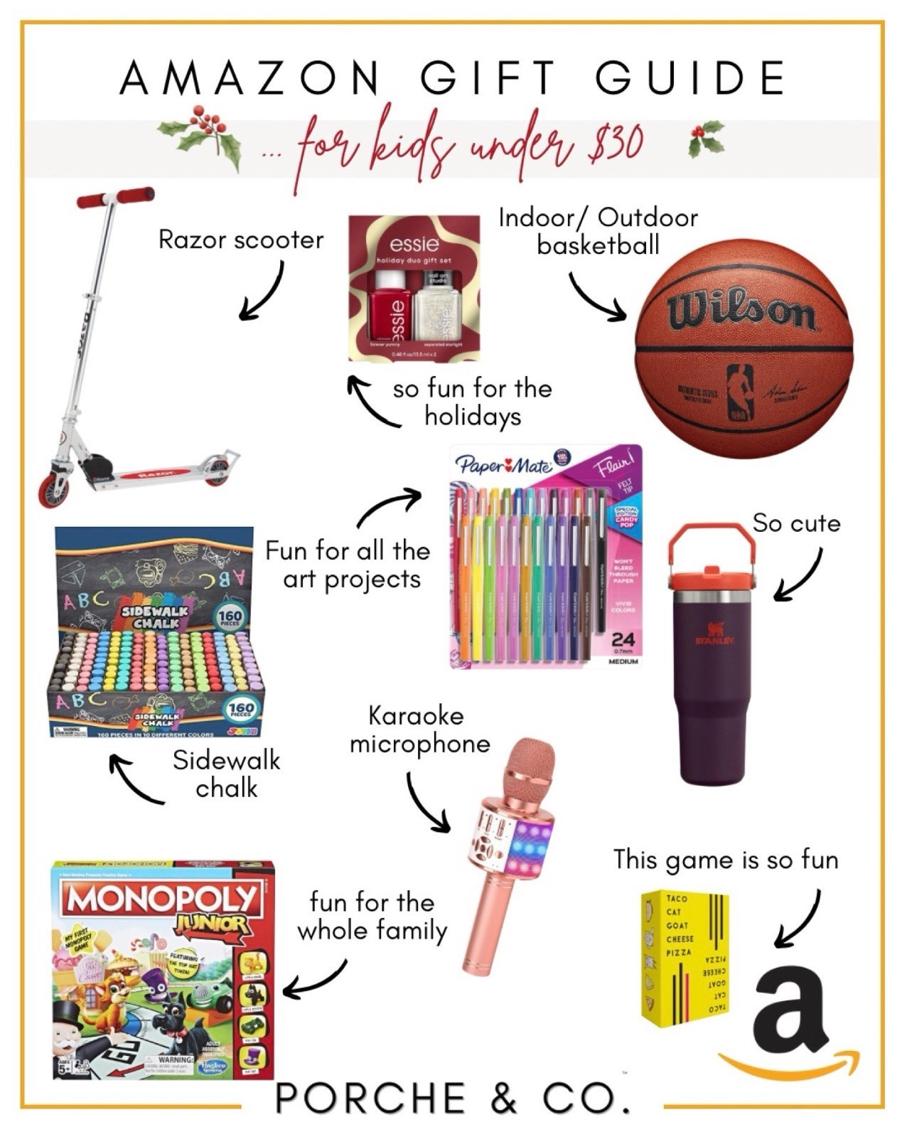 Affordable gifts kids will actually play with?! YES. 🎁✨ This Amazon Gift Guide is full of under-$30 favorites that spark creativity, get the wiggles out, and make holiday gifting so easy.
From art supplies and outdoor fun to family games and karaoke… these budget-friendly picks are guaranteed hits! ❤️🎉

🎁 WHAT’S INCLUDED:
• Razor scooter
• Essie holiday nail set
• Indoor/outdoor Wilson basketball
• Sidewalk chalk
• Paper Mate Flair pens
• Stanley kid tumbler
• Karaoke microphone
• Monopoly Junior
• Taco Cat Goat Cheese Pizza game

#AmazonGiftGuide #KidsGifts #GiftsUnder30 #KidsUnder30 #RazorScooter #EssieGiftSet #WilsonBasketball #SidewalkChalk #PaperMateFlair #StanleyTumbler #KaraokeMicrophone #MonopolyJunior #TacoCatGoatCheesePizza #AmazonKidsFinds #HolidayGiftGuide #LTKGiftGuide #LTKHoliday #PorcheAndCo


#LTKCyberWeek #LTKFindsUnder50 #LTKGiftGuide