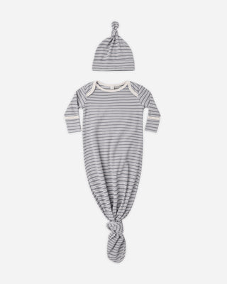 Knotted Baby Gown + Hat Set Slate Microstripe | Rylee + Cru