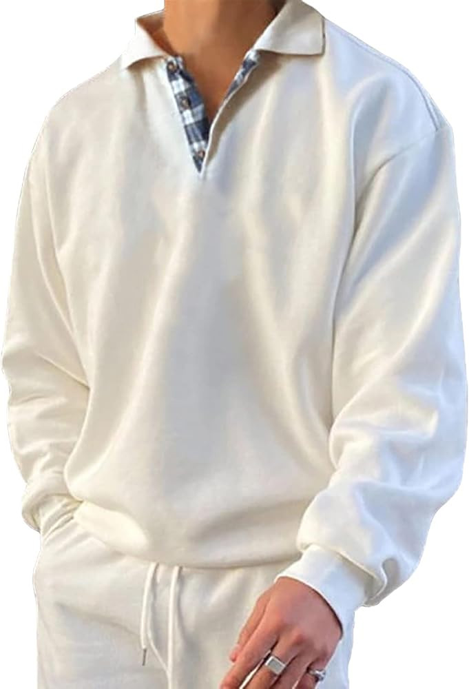 Opomelo Men's Long Sleeve Pullover Polo Shirts-Casual Loose Fit Sweatshirts V Neck Tops | Amazon (US)