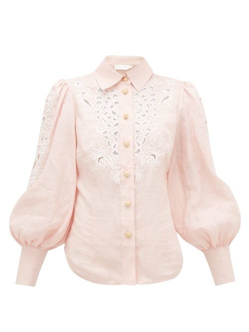 Zimmermann - Freja Broderie-anglaise Linen Blouse - Womens - Light Pink | Matches (US)