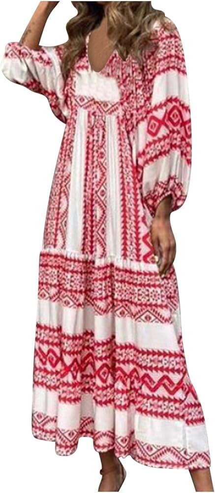 Maxi Dress for Women Beach Vacation Dress Floral Print V Neck Long Maxi Dresses Plus Size Bubble ... | Amazon (US)