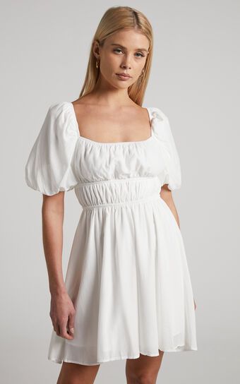 Maretta Stretch Waist Square Neck Mini Dress in White | Showpo (US, UK & Europe)