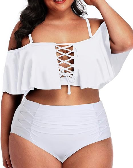 Daci Women Plus Size High Wsited Bikini Off Shoulder Lace Up Tummy Control Two Piece Swimsuits | Amazon (US)