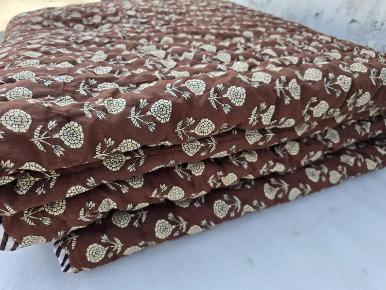 Hand Block Print Cotton Quilt, Reversible Jaipuri Rajai, Floral Indian Bedspread | Etsy (US)