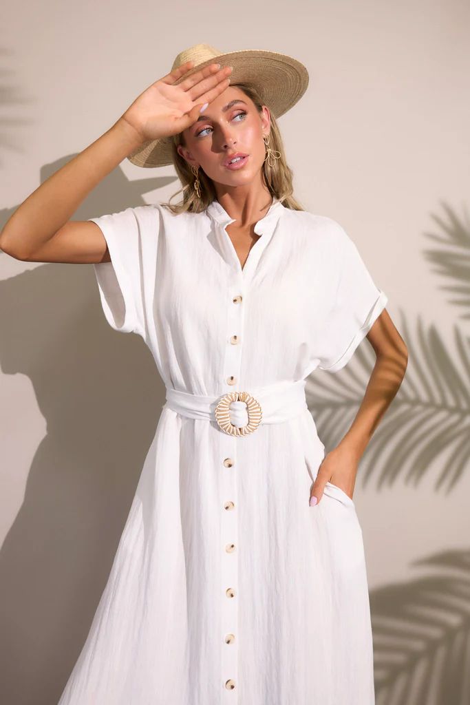 Happy Hour Hangouts White Belted Midi Dress | Red Dress