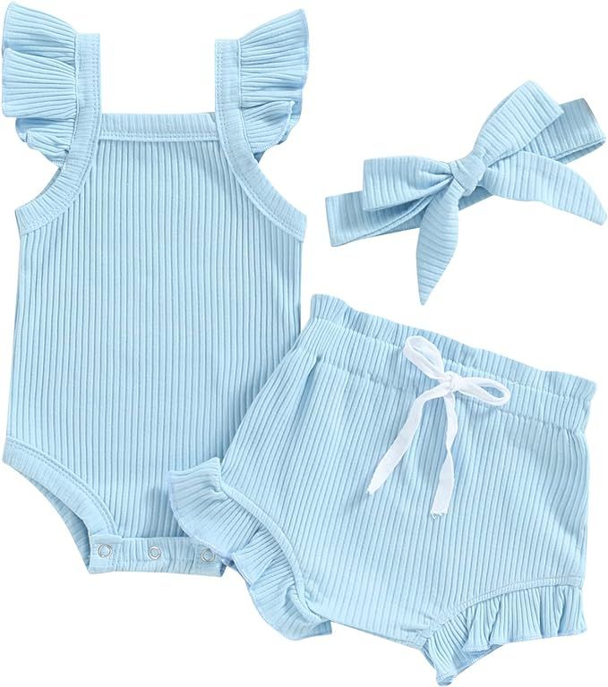 Infant Baby Girl Summer Clothes Solid Ribbed Ruffle Sleeveless Romper Drawstring Bloomer Shorts H... | Amazon (US)