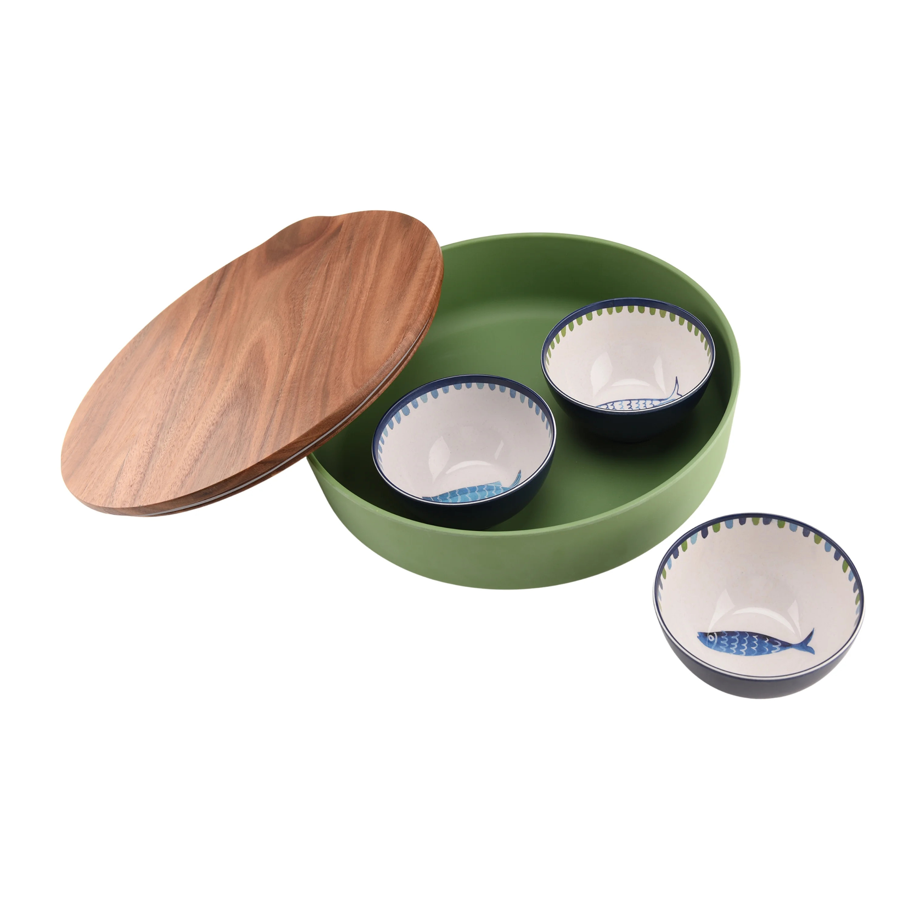 Beautiful Serve Bowl 14.6" x 6" Bamboo Melamine with Sardine Dip Bowls and Wood Lid, Multi-Color ... | Walmart (US)