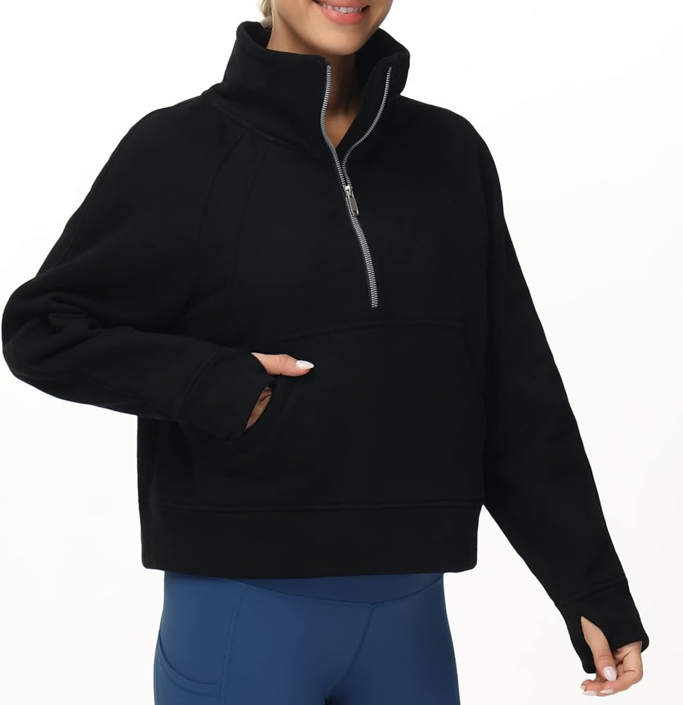 Women's Half Zip Pullover Sweatshirt Fleece Stand Collar Crop Sweatshirt with Pockets Thumb Hole | Amazon (US)