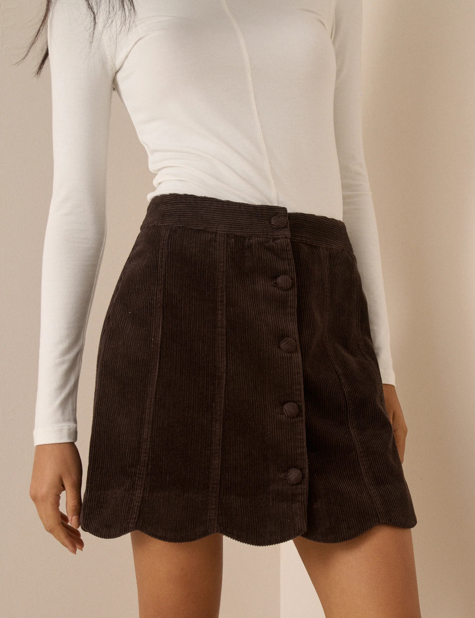 Brown Cord Scallop Trim Mini Skirt | Nobody's Child