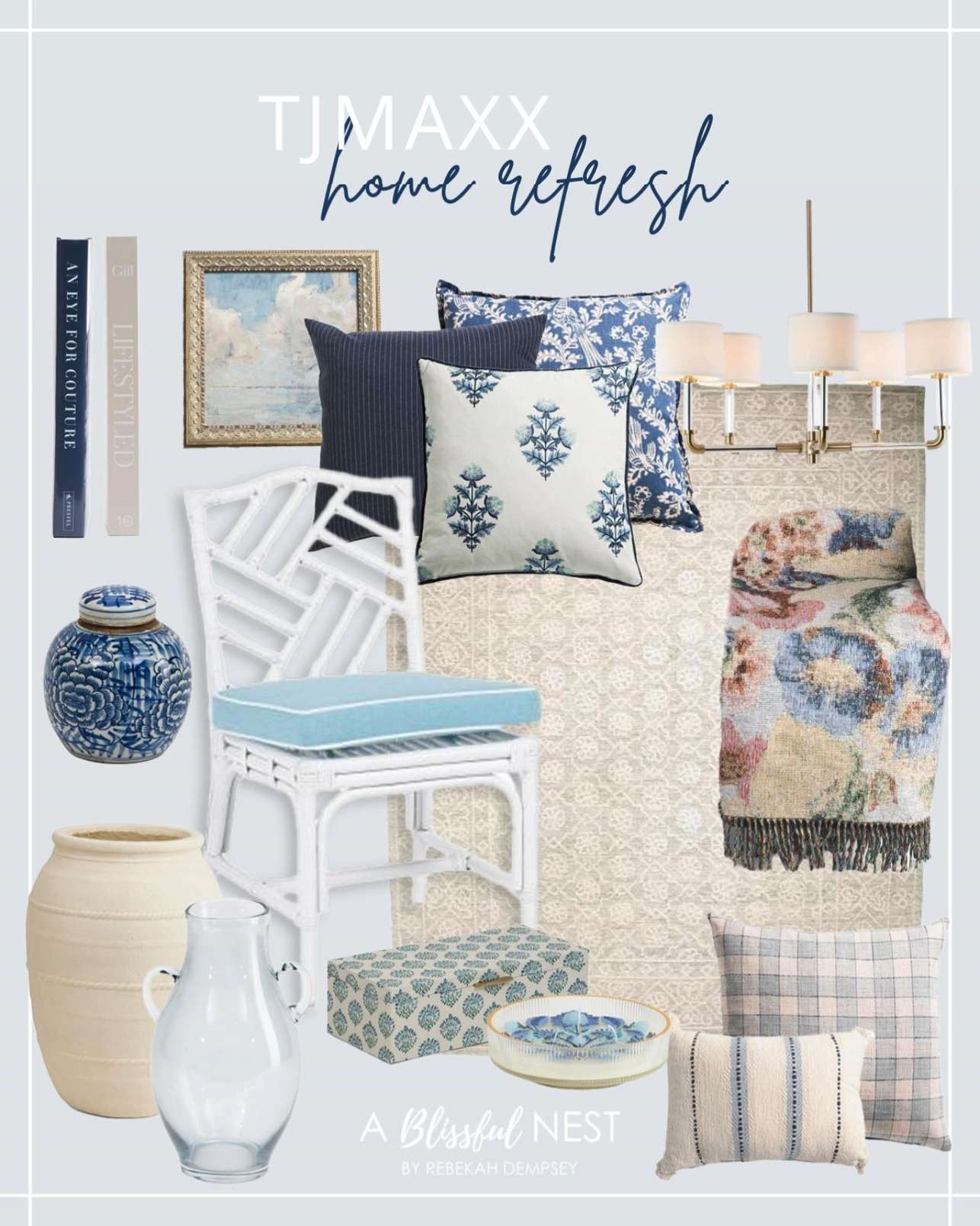 Loving these stylish TJ Maxx home decor finds. Tap to shop!

Decorative books, framed coastal art print, navy striped throw pillow, floral block print throw pillow, blue floral throw pillow, ginger jar, white rattan chair, area rug, brass drum chandelier, floral fringe throw blanket, ceramic vase, glass pitcher vase, patterned storage box, decorative trinket dish, plaid throw pillow, and striped lumbar pillow. 

 #LTKHome