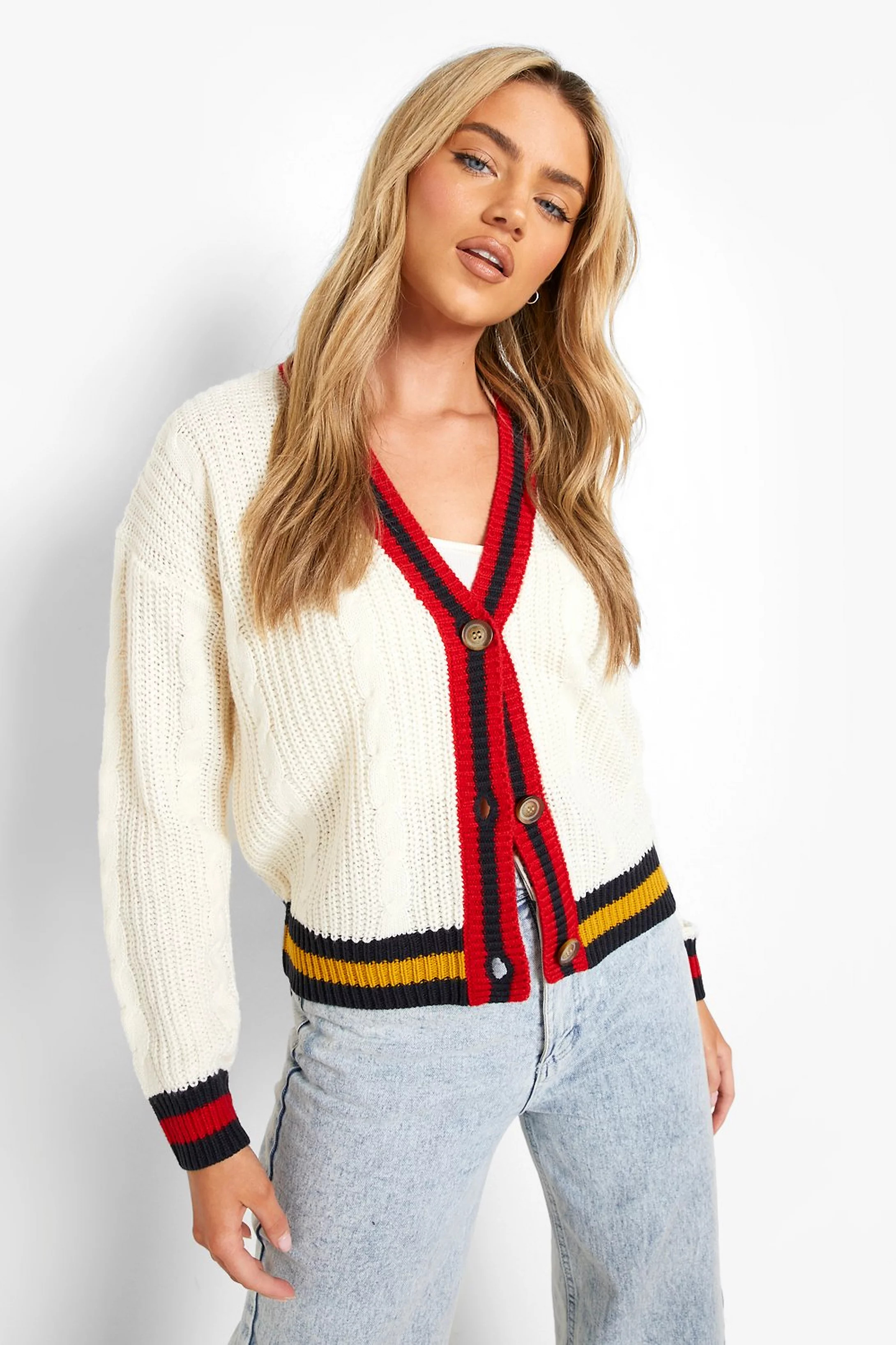 Cable Cropped Varsity Stripe Cardigan | Boohoo.com (US & CA)