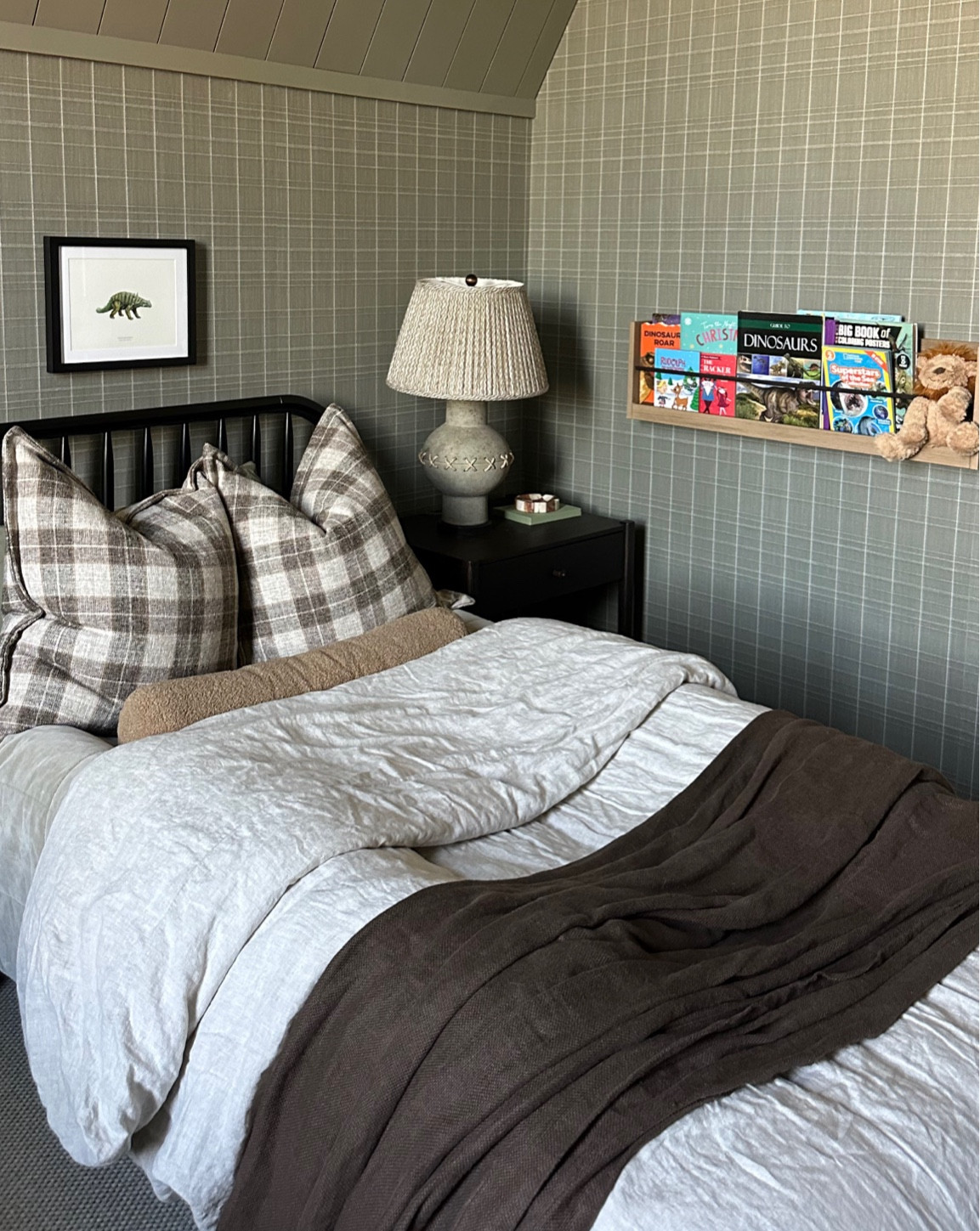 Dutton’s room. One of my favorites in the house! I don’t have links for a lot of the stuff since we worked with April Tomlin & she sourced it all but linking what I know! 

Paint color is connected gray
Wallpaper is Hardwick linen in olive 
Light fixture is Molto

#LTKKids #LTKHome