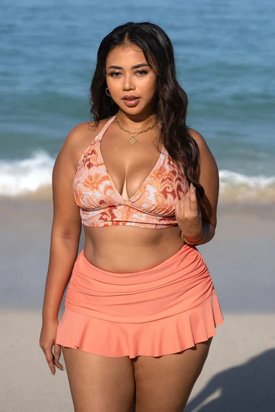 Earthly Paisley Halter Longline & Ruched Skirt Plus Size Bikini Set | Cupshe US