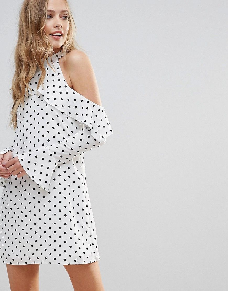 Oh My Love Halterneck Frill Long Sleeve Shift Dress In Polka Dot - White | ASOS US