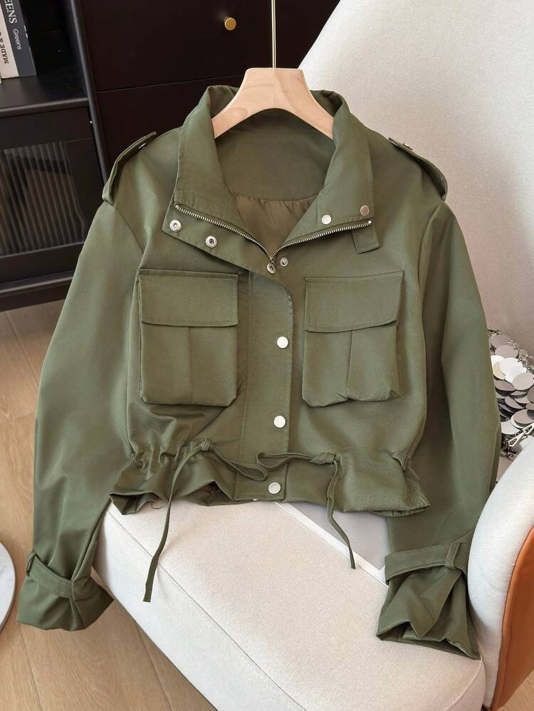 Women's Spring Utility Jacket, Fashionable Funnel Neck, Multi-Pocket Drawstring Waist Design, Personalized Chic Utility Style, Motorcycle, Military Green Jacket, Suitable For Daily, Party, Vacation, Casual Wear, Versatile Summer | SHEIN
