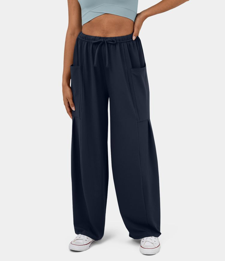 Mid Rise Elastic Waistband Drawstring Side Pocket Palazzo Flowy Wide Leg Casual Pants | HALARA