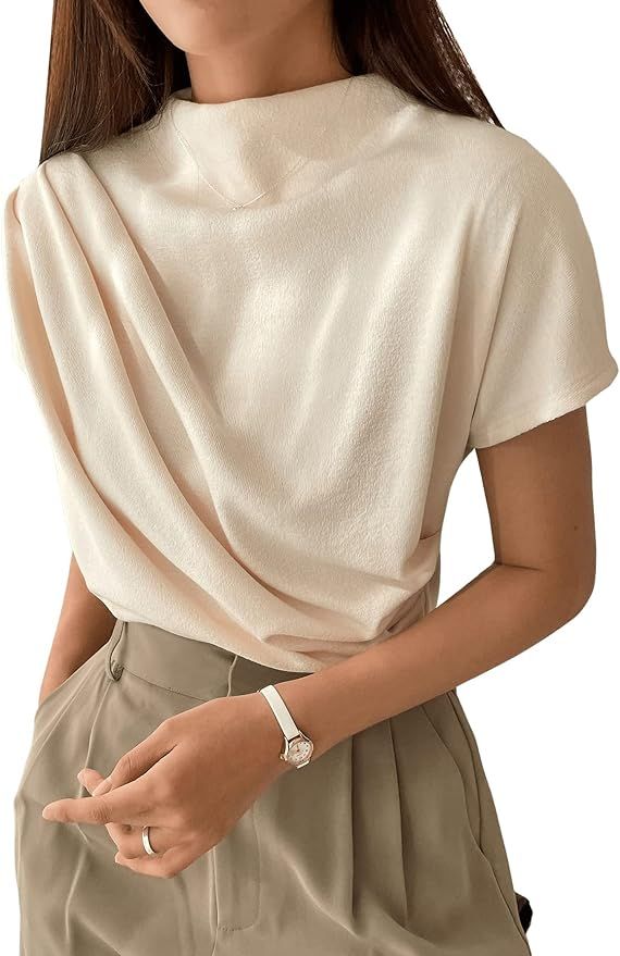 SweatyRocks Women's Casual Short Sleeve Mock Neck Tee Top Asymmetric Ruched Plain T Shirt | Amazon (US)