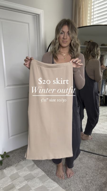 $20 ribbed sweater midi/maxi skirt! Available in lengths, wearing a medium regular
Sweater - large
Coat - medium 
Boots - 11
Jumpsuit- runs big, size down
Long sleeve top - on sale! wearing a large 

#LTKVideo #LTKmidsize #LTKSeasonal