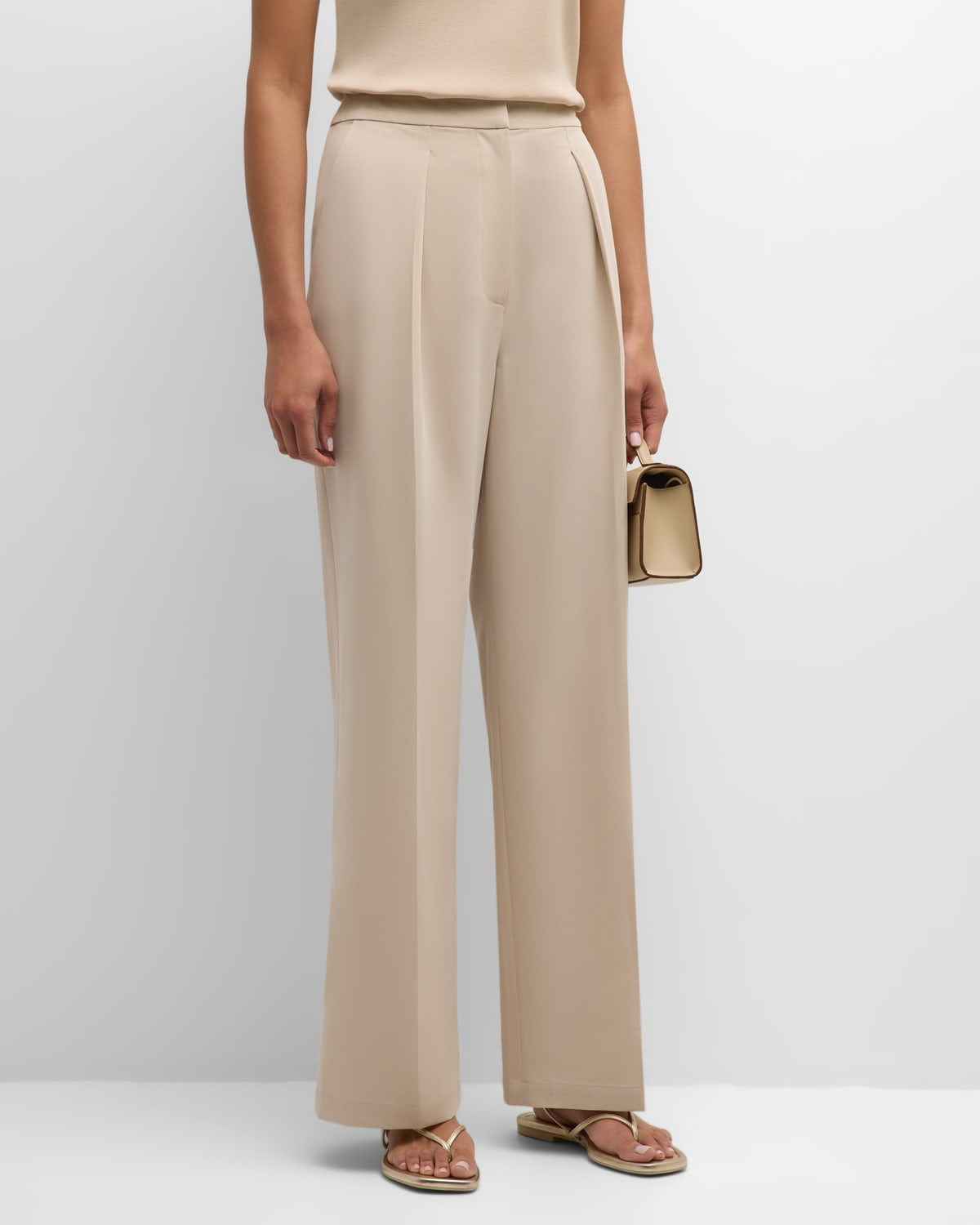 Pleated Mid-Rise Straight-Leg Woven Pants | Neiman Marcus