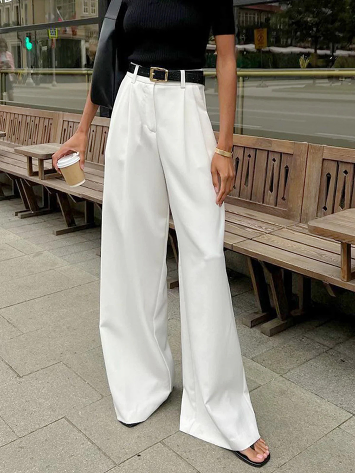 Solid Wide Leg Pants Without Belt | Commense